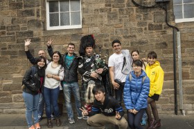 CES Edinburgh - Students with Bag Pipe player